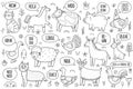 Black and white farm animals saying sounds like moo, oink, baa, cluck and others Royalty Free Stock Photo