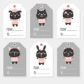 Black and white farm animals set. Sheep, kitten, puppy, mouse, rabbit, hamster