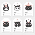 Black and white farm animals tags. Sheep, kitten, hamster, mouse, piglet, horse, donkey Royalty Free Stock Photo