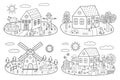 Black and white farm landscapes set in cartoon style with farmhouses, animals and trees