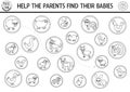 Black and white farm matching activity with animals and babies. Country line puzzle with rabbit, cow, hen, goat. Mothers day game