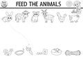 Black and white farm matching activity with animals, food. Country puzzle with rabbit, cow, hen, goat, pig. Match the objects game