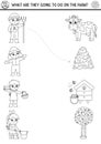 Black and white farm matching activity with cute farmers, chores. Country puzzle with cow, hay, beekeeper, dairymaid. Match the Royalty Free Stock Photo