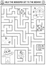 Black and white farm maze for kids with beekeeper and beehive. Country side line preschool printable activity with cute bees, Royalty Free Stock Photo