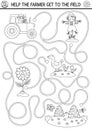 Black and white farm maze for kids with cute tractor, scarecrow, sunflower. Country side line preschool printable activity.