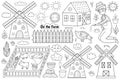 Black and white farm set with cute animals and kids farmers. Coloring page Royalty Free Stock Photo