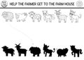 Black And White Farm Shadow Matching Activity With Animals. Country Village Line Puzzle With Cute Cow, Pig, Sheep, Horse. Find
