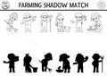 Black and white farm shadow matching activity with cute kid farmers. Country line village puzzle with beekeeper, dairymaid. Find