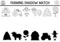 Black and white farm shadow matching activity with traditional country symbols. Rural village line puzzle with cow, barn, farmer.