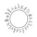 Black and white farmhouse style hand drawn outlined branches and twigs circle round frame Royalty Free Stock Photo