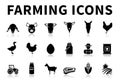 Black and white Farming Icon Set of Sheep, Pig, Cow, Goat, Horse, Rooster, Goose, Chicken, Egg, Milk, Farmer, Concentrate, Tractor