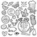 Black and white fashion patch badge elements in cartoon 80s-90s comic style. Set modern trend doodle sketch.