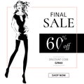 Black and white fashion sale banner with woman fashion silhouette, online shopping social media ads web template with beautiful gi