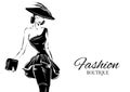 Black and white fashion woman model with boutique logo background. Hand drawn