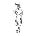 Black and white fashion woman, redhead model with boutique logo background. Hand drawn vector illustration Royalty Free Stock Photo