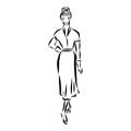 Black and white fashion woman, redhead model with boutique logo background. Hand drawn vector illustration Royalty Free Stock Photo