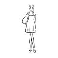 Black and white fashion woman, redhead model with boutique logo background. Hand drawn vector illustration Royalty Free Stock Photo