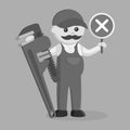 Black and white fat plumber holding a false sign and giant pipe wrench Royalty Free Stock Photo