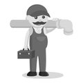 Black and white fat plumber holding a giant pipe Royalty Free Stock Photo