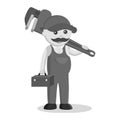 Black and white fat plumber holding a giant pipe wrench Royalty Free Stock Photo