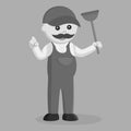 Black and white fat plumber holding a toilet plunger Royalty Free Stock Photo