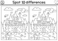 Black and white find differences game for children. Fairytale educational activity with castle and unicorn. Magic kingdom puzzle