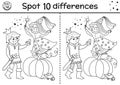 Black and white find differences game for children. Fairytale educational activity with cute prince, shoe, fairy, pumpkin. Magic