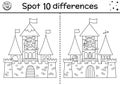 Black and white find differences game for children. Fairytale educational activity with cute princess in a castle tower. Magic Royalty Free Stock Photo