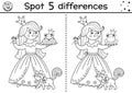 Black and white find differences game for children. Fairytale educational activity with cute princess and frog prince. Magic Royalty Free Stock Photo