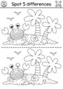 Black and white find differences game for children. Sea adventures line educational activity with cute palm trees, scull, crab in Royalty Free Stock Photo