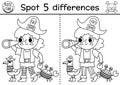 Black and white find differences game for children. Sea adventures line educational activity with cute pirate girl with seagull Royalty Free Stock Photo