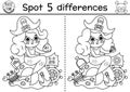 Black and white find differences game for children. Sea adventures line educational activity with cute pirate mermaid with hat and Royalty Free Stock Photo
