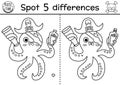 Black and white find differences game for children. Sea adventures line educational activity with cute pirate octopus and map in Royalty Free Stock Photo