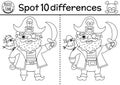 Black and white find differences game for children. Sea adventures line educational activity with cute pirate with parrot and Royalty Free Stock Photo