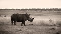 Black and white fine art photo of an African white rhino cow walks over a dirt road. Royalty Free Stock Photo