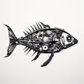 Black And White Fish Made Of Machine Parts: Editorial Illustration