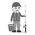 Black and white fisherman holding a fishing rod and bucket