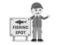 Black and white fisherman standing with fishing spot sign