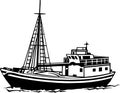 Black and White Fishing Trawler Illustration