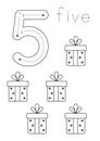 Flashcard number five. Preschool worksheet. New year presents Royalty Free Stock Photo