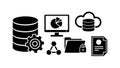 Black and white flat design business data management and storage system technology icons set view Royalty Free Stock Photo