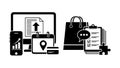 Black and white flat design of computer screen with upload file and smartphone showing graph next to shopping bag and checklist Royalty Free Stock Photo