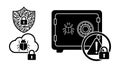 Black and white flat design cybersecurity shield lock safe bug alert icon set vector Royalty Free Stock Photo