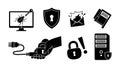 Black and white flat design digital security icons computer virus shield padlock hand holding usb cable data protection Royalty Free Stock Photo