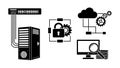 Black and white flat design icon set with server network cables secured padlock cloud computing and data analysis magnifying glass Royalty Free Stock Photo