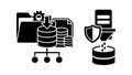 Black and white flat design icons of data storage folder with database and shield protection symbol for cybersecurity Royalty Free Stock Photo