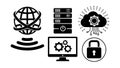 Black and white flat design icons of globe with network wifi cloud server computer settings security padlock Royalty Free Stock Photo