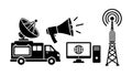 Black and white flat design icons satellite van megaphone computer tower and radio tower communication technology devices Royalty Free Stock Photo