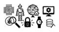 Black and white flat design icons set including robot, magnifying glass with bug, smartwatch, lock, computer screen, globe with Royalty Free Stock Photo