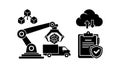 Black and white flat design robotic arm loading cubes onto truck with cloud storage upload and secure checklist illustration Royalty Free Stock Photo